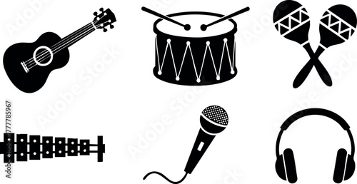 Musical instrument icons guitar drum maracas xylophone microphone headphones vector illustration for music themed designs 