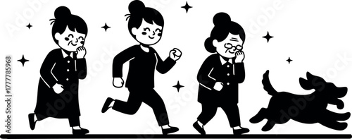 Group of women walking and jogging with playful dog in minimalist black and white vector illustration 