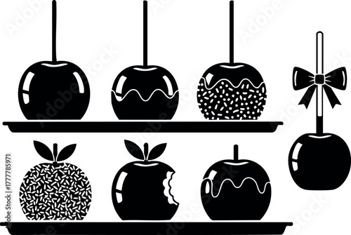 Candy apples on sticks with various toppings minimalist black vector illustration for dessert and sweets concepts 