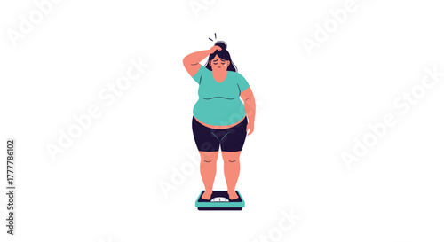 Unhappy overweight woman standing on a weighing scale, feeling stressed and frustrated about her weight and body image issues.