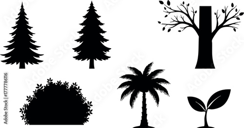 Silhouette set of pine tree, palm tree, bush, leafy tree, and plant with leaves vector illustration 