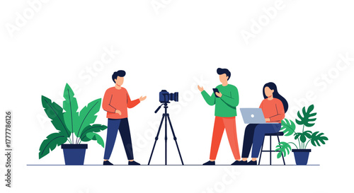 Creative team collaborating on video content creation, with a presenter, videographer, and assistant using modern equipment.