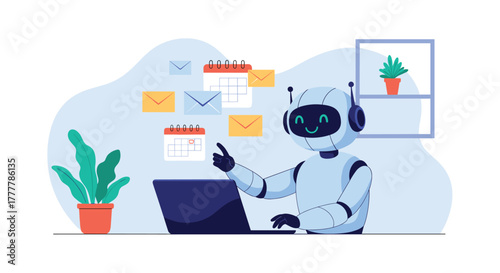 Friendly AI robot efficiently managing tasks as a virtual assistant, organizing emails and calendars with a laptop at a desk.