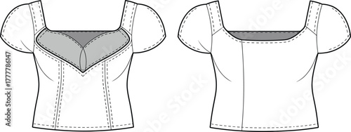 Women’s sweetheart neckline cropped blouse, short sleeve corset style top, fashion flat, cad vector illustration