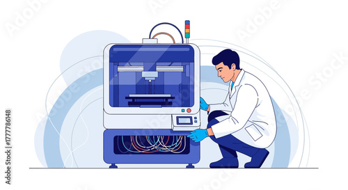 Illustrative Depiction of a Scientist Utilizing a Modern 3D Printer in a Lab Setting