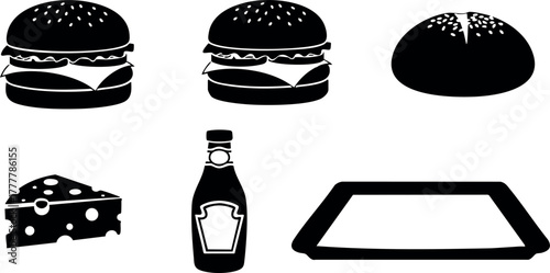Burger ingredients with cheese slice, ketchup bottle, food tray and hamburger bun in black vector icons set 