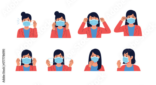 Instructional guide showing a woman in eight steps on how to properly wear and adjust a medical face mask for protection.