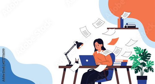 Productive woman working efficiently on her laptop at a desk, with papers flying around symbolizing creativity and a busy workflow.