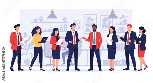 Diverse group of professional business people networking and having a discussion during a break in a modern office environment.