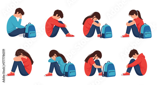 Collection of illustrations showing sad, depressed, and bullied children sitting alone on the floor with their backpacks.