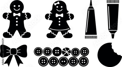 Gingerbread cookie couple with frosting tubes, buttons, bow, and bitten cookie silhouette black vector illustration 