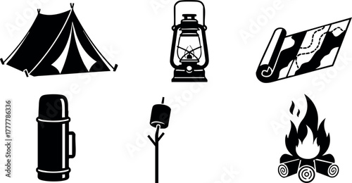 Camping equipment tent lantern map thermos marshmallow campfire vector icons for outdoor adventure activities 