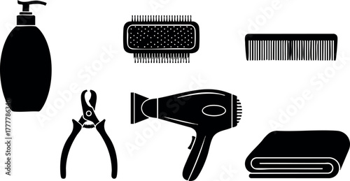 Hair salon grooming tools vector set with comb, brush, hair dryer, towel, clippers, and shampoo bottle 