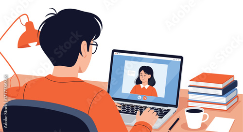 Man working or studying from home, engaged in a video call meeting with a female colleague or tutor on his laptop screen.