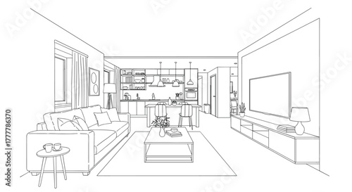 Architectural line drawing sketch of a modern open-plan apartment interior, showing the living room, dining area, and kitchen.