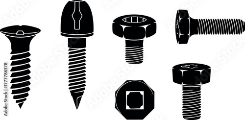Various screw and bolt types black silhouette vector on white background for industrial hardware illustration purposes 
