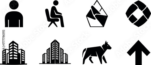 Black vector icons collection showing person, sitting figure, city buildings, arrow, animal and geometric shapes on white background 
