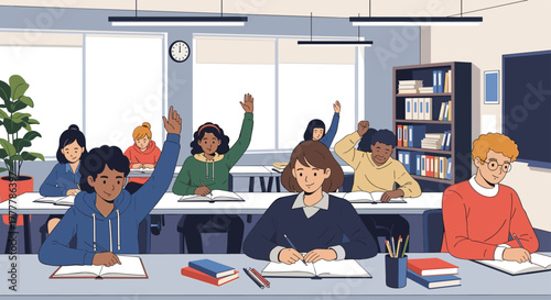 Diverse group of engaged students in a classroom, with some raising their hands to participate while others take notes.