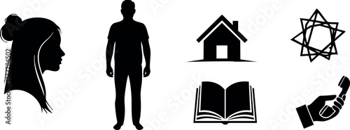 Human silhouette, female profile, house, book, geometric star and hand with phone black vector icons set 