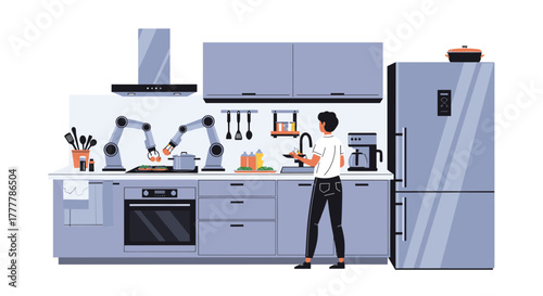 Futuristic smart kitchen with robotic arms cooking a meal on the stove, showcasing automation and AI in a modern home.