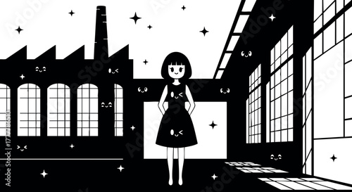 Girl standing beside large industrial building with tall windows in sparkling monochrome vector style 