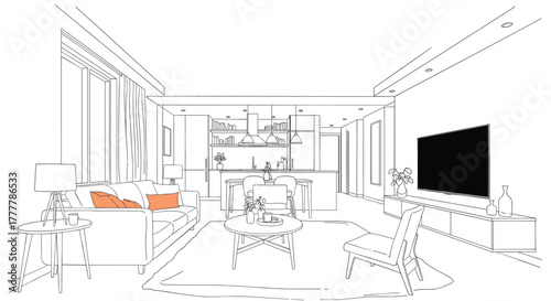 Interior design sketch of a modern living room with a pop of color from an orange pillow on the sofa in a line art style.