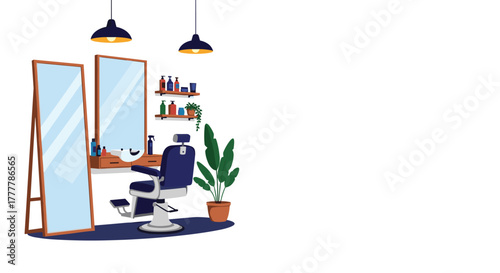 Interior of a modern and stylish barbershop with a classic chair, mirror, and grooming products, with ample copy space.