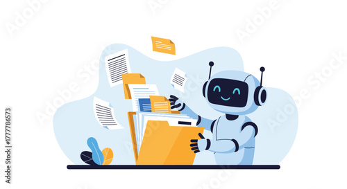 Friendly AI robot character happily organizing digital files and documents, demonstrating efficient automated data management.