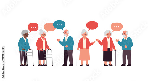 Diverse group of senior citizens talking and socializing with each other, representing an active and connected retirement community.