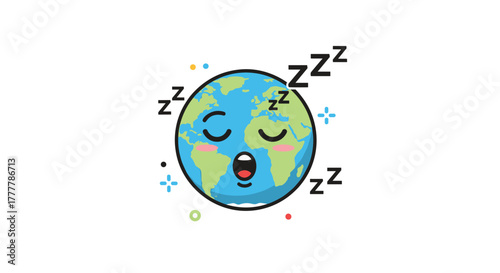 Cute cartoon planet Earth sleeping peacefully and snoring, a concept for Earth Hour or the need for environmental rest.
