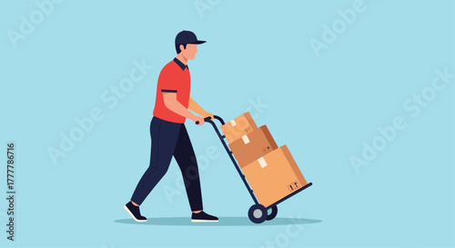Delivery man in a uniform pushing a hand truck loaded with cardboard boxes, providing fast and reliable courier service.