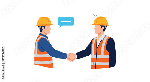 Two construction engineers in hard hats and safety vests shaking hands, symbolizing a successful deal or partnership agreement.
