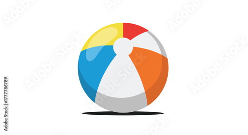 Classic multi-colored inflatable beach ball with red, yellow, blue, and orange stripes isolated on a clean white background.