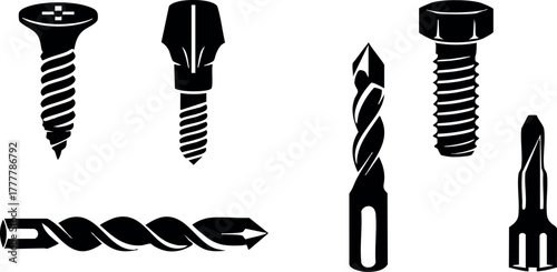 Screw heads and drill bits black silhouette vector set for hardware and construction tool illustrations 