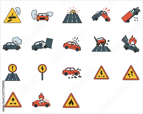 Cartoon Car Accidents and Road Hazard Warning Signs Illustration Set