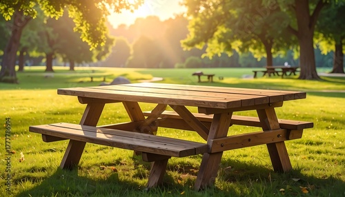 Fototapeta Naklejka Na Ścianę i Meble -  A sun-drenched outdoor scene features a wooden picnic table on lush green grass, with trees and park benches in the background