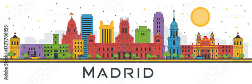 Madrid Skyline Vector Illustration with Colorful Buildings and Modern Cityscape Under the Sun