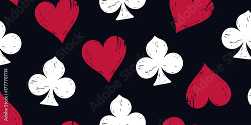 Whimsical Hand Drawn Playing Card Suits Seamless Pattern Featuring Hearts and Clubs for Casino Theme Designs and Festive Backgrounds