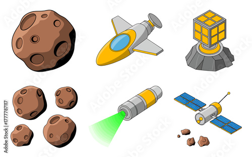 Space exploration icons with spaceship asteroid laser satellite and cube station for game assets design vector elements isolated on white background