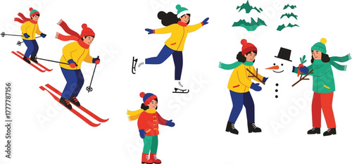 A group of children enjoying winter activities, skiing, skating, and building a snowman
