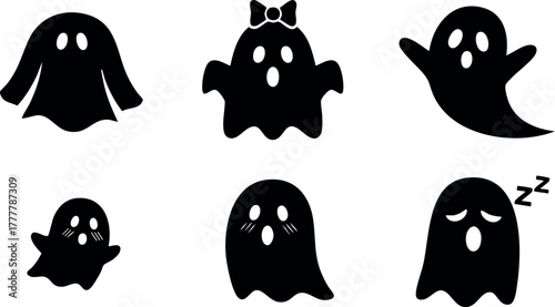 Cute ghost characters collection with simple black silhouettes in various playful poses for Halloween celebration vector illustration 