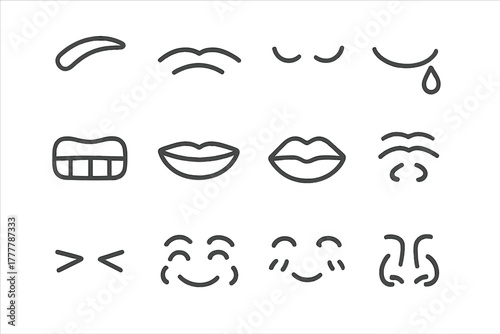 Vector line tear icon raised face frowning nostrils eyes expressions puckered flat