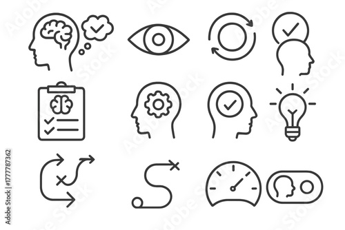 Vector strategy path eye feedback loop planning gear icon metacognition grid ring