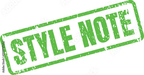 A vibrant green STYLE NOTE rubber stamp imprint delivers important editorial information and guidelines