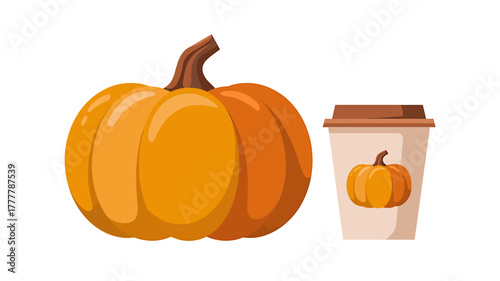 Autumnal Still Life with Pumpkin and Pumpkin Spice Latte Cartoon Illustration Festive Fall Season Elements on White Background