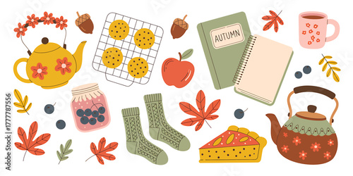 Cozy Autumn Illustration with Tea Cookies Leaves and Pumpkin Pie Featuring Warm Clothing and Seasonal Food