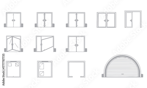Architectural staircase and door vector set with detailed top view layouts for building plans. Perfect for architecture drafts, CAD drawings, floor plans, construction blueprints, and design visualiza