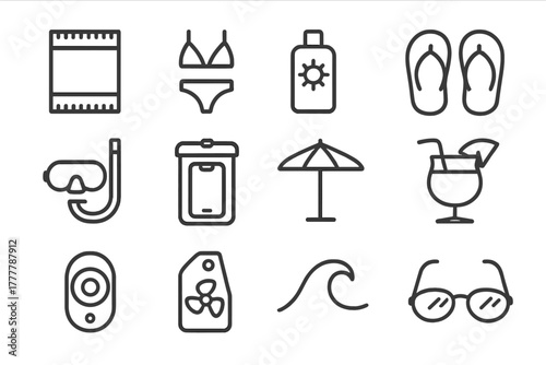 Strap bag essentials icon fan set beach icons snorkel vector phone umbrella