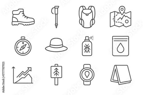 Gear gps nature trail hiking elevation foil vector gain sunhat map icons