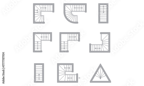 Architectural staircase and door vector set with detailed top view layouts for building plans. Perfect for architecture drafts, CAD drawings, floor plans, construction blueprints, and design visualiza